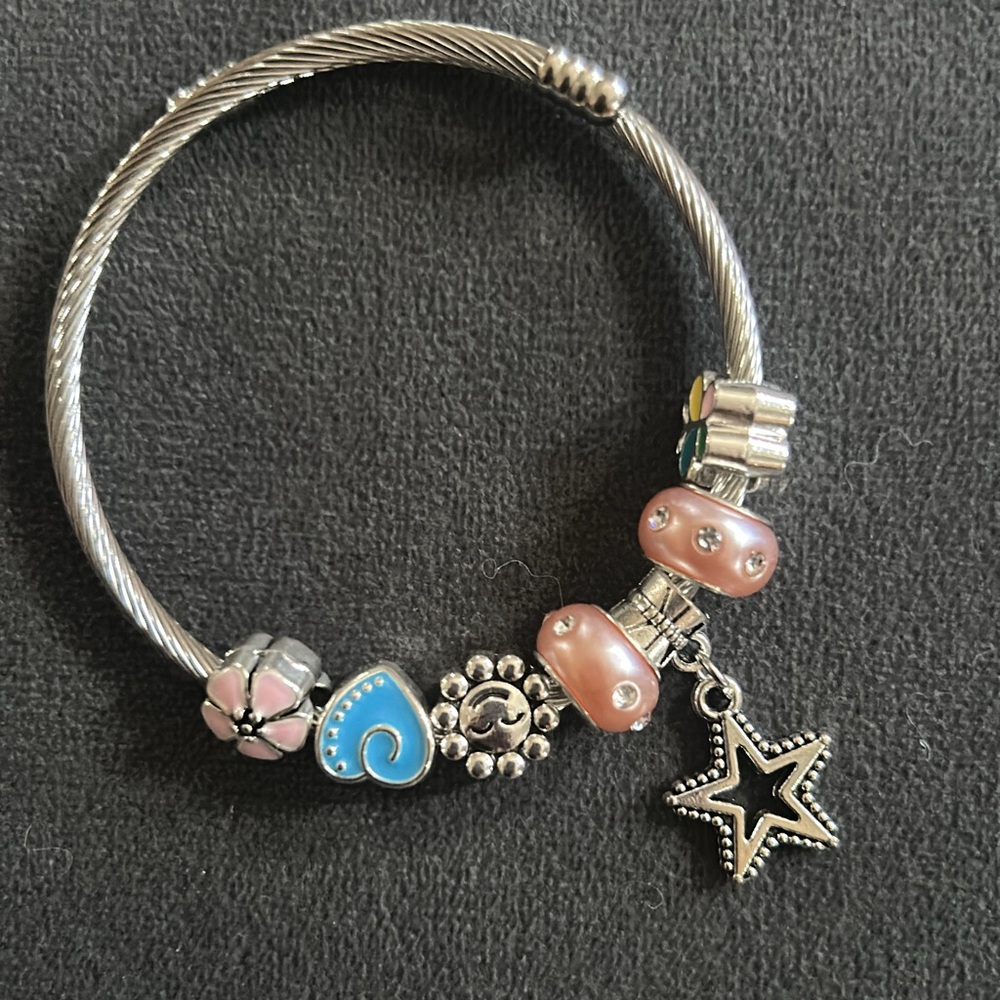 Silver Charm Bracelet with Pink and Blue Beads